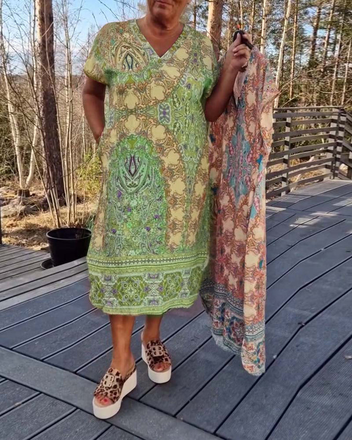 Anne | Printed V Neck Midi Dress