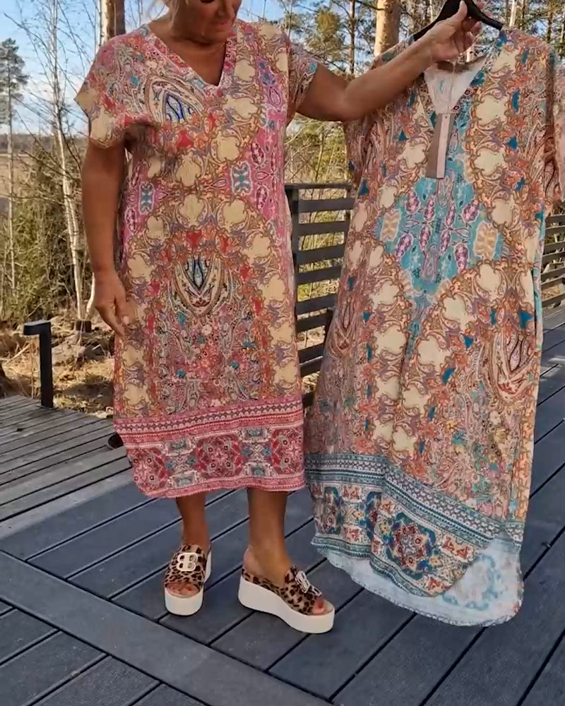 Anne | Printed V Neck Midi Dress
