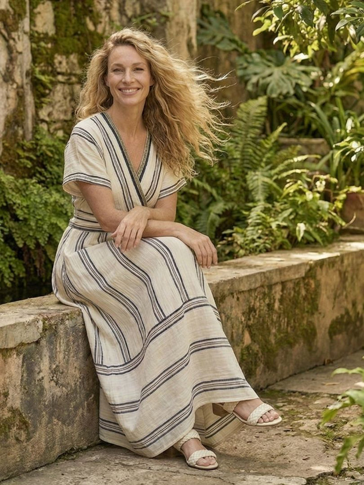 Eliviana | V Neck Short Sleeve Wrap Waist Midi Dress