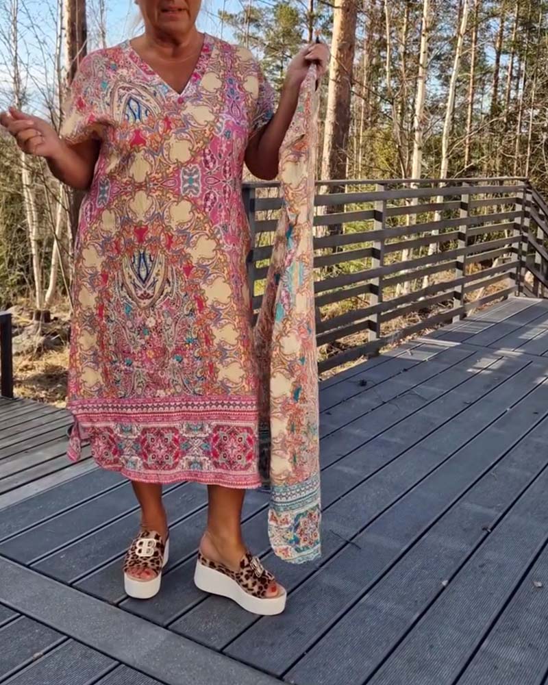 Anne | Printed V Neck Midi Dress