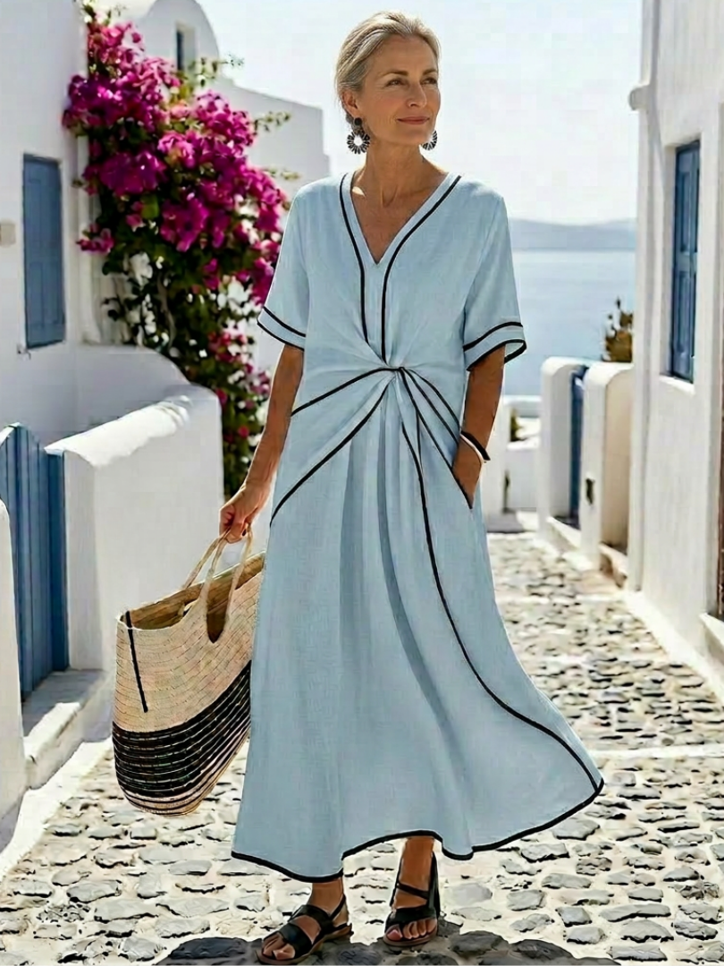 Donatella | V Neck Short Sleeve Gathered Waist Midi Dress