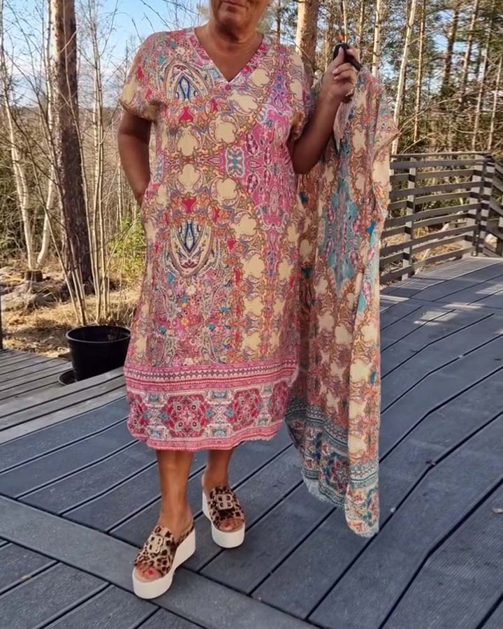 Anne | Printed V Neck Midi Dress
