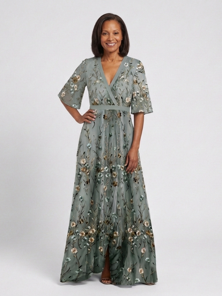 Ozia | Embroidered V Neck Maxi Dress