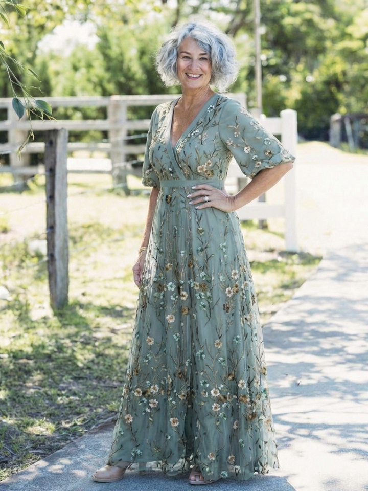 Ozia | Embroidered V Neck Maxi Dress