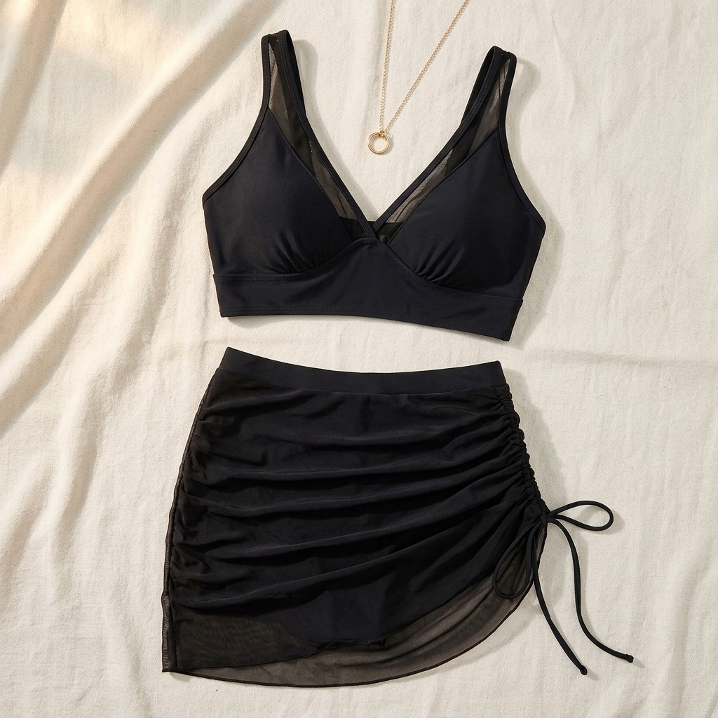 Sienna — High-Waisted Mesh Bikini Set with Ruched Skirt