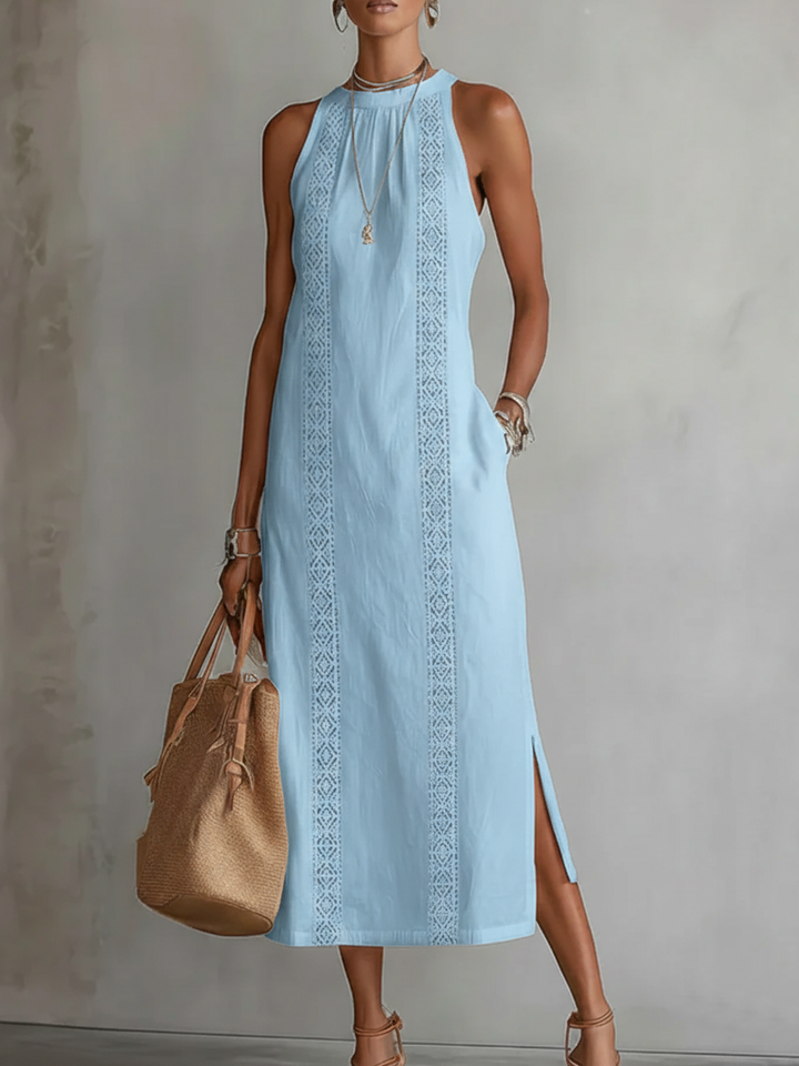 Margaret | Linen Midi Dress with Mao Collar