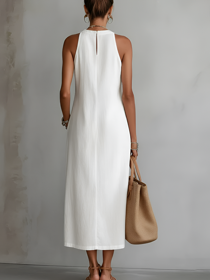 Margaret | Linen Midi Dress with Mao Collar
