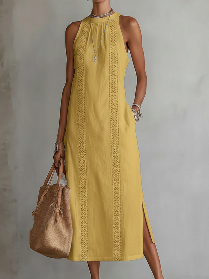 Margaret | Linen Midi Dress with Mao Collar