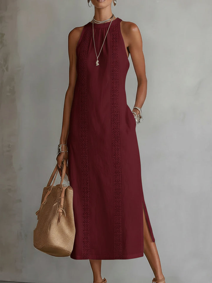 Margaret | Linen Midi Dress with Mao Collar
