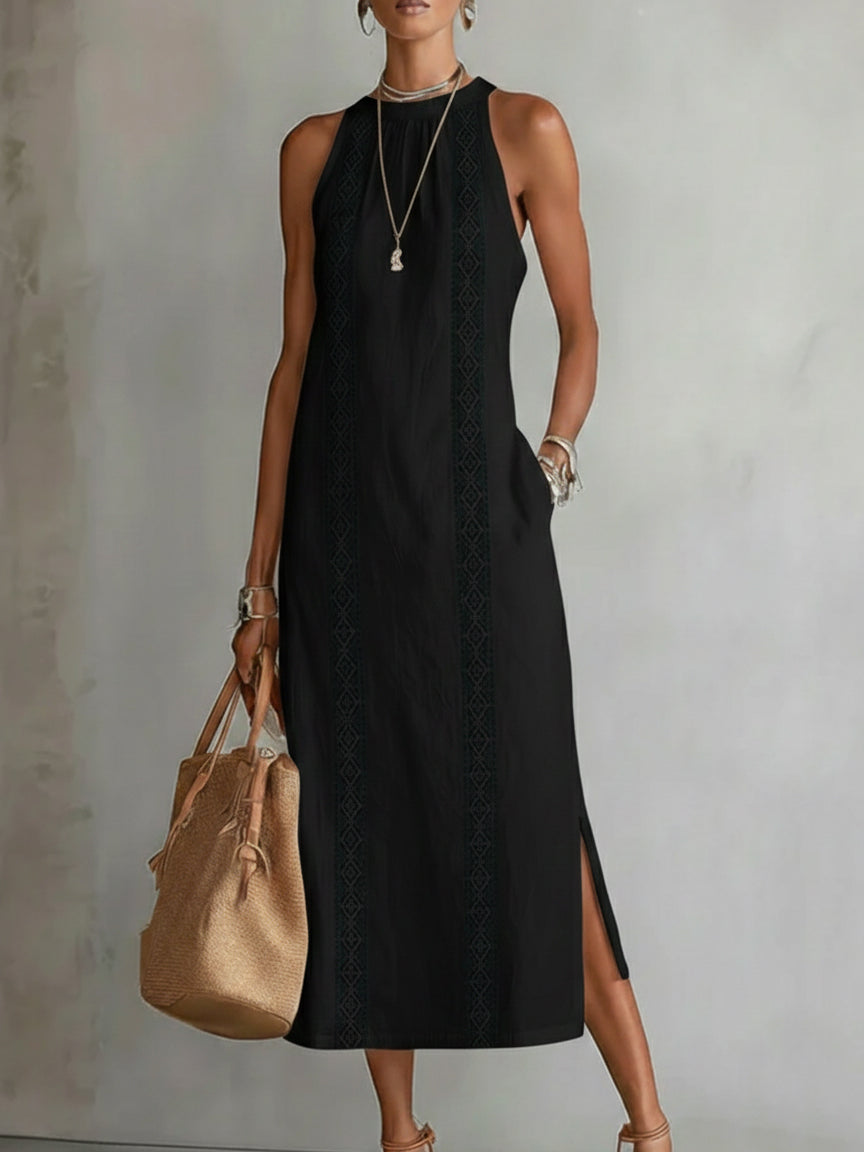 Margaret | Linen Midi Dress with Mao Collar